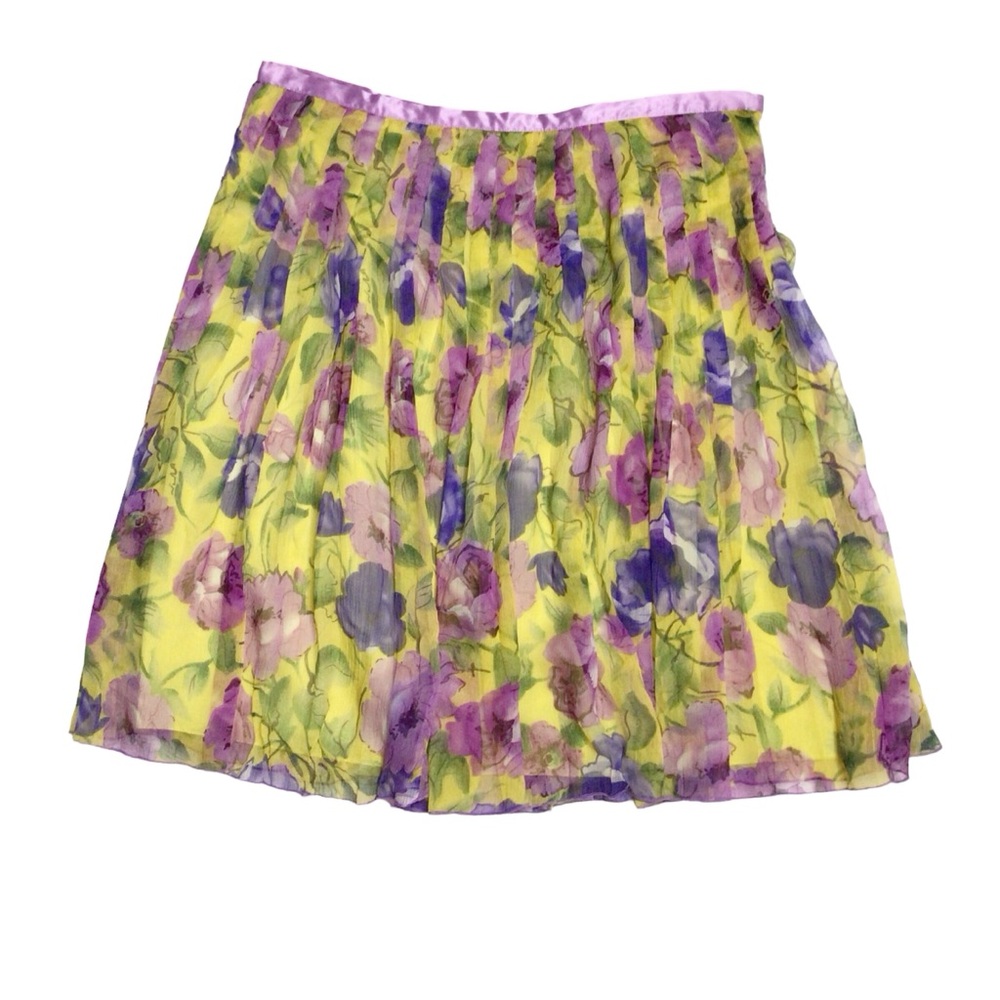 WD.NY Yellow Floral Pleated Flowy Silk Skirt Size 14